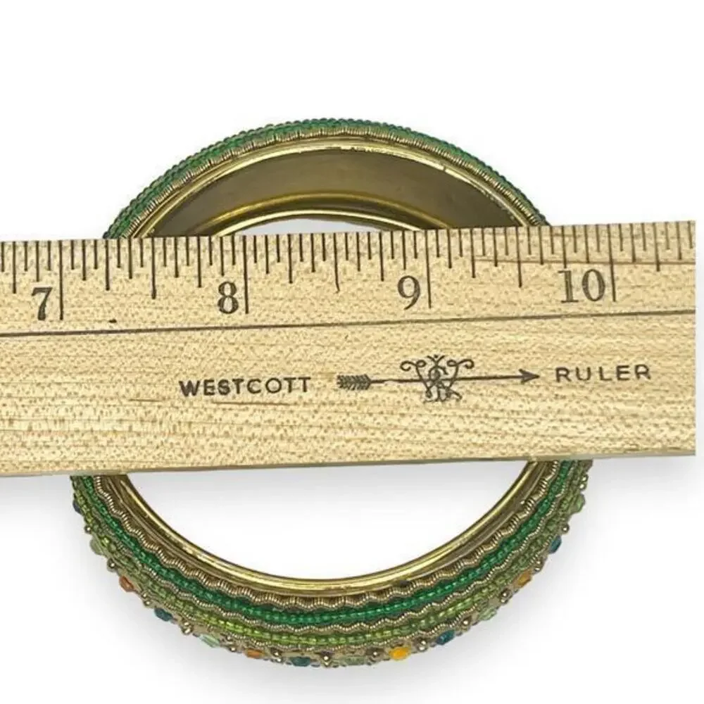 Bangle Bracelet‎ Jeweled Aqua Green Beads Hinged Mid Century Vintage